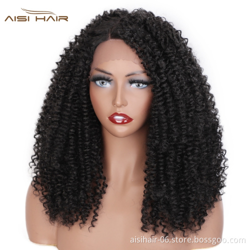 Aisi Hair Cheap Wholesale Shoulder Length Fluffy Black Kinky Curly Side Part Synthetic Hair For Black Women Lace Front Wig